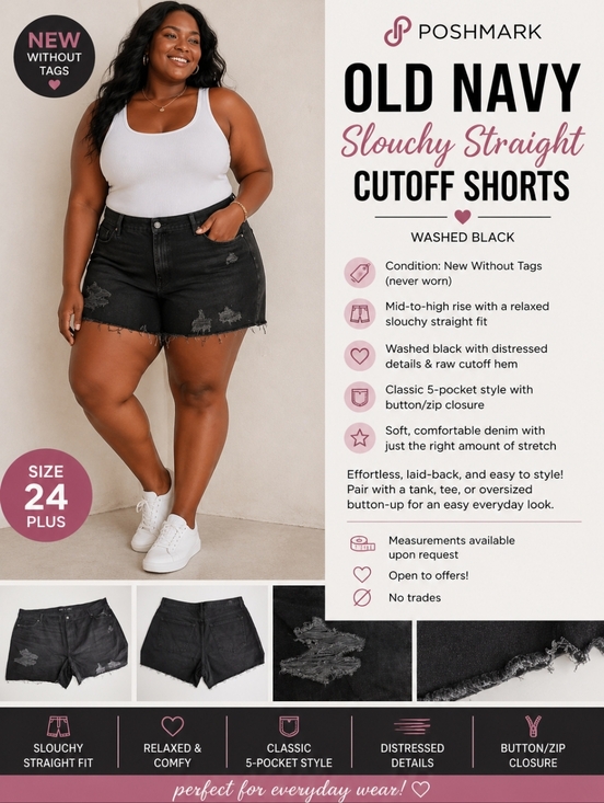Old Navy Pants - NWOT Old Navy Slouchy Straight Cutoff Shorts Washed Black Size 24 Plus